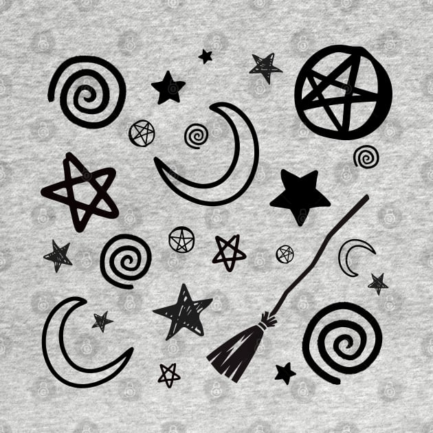 Blessed Be, Broom Stick, Harm None, Pentacle, Spiral, Star… in black + white by drumweaver